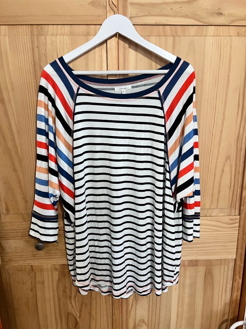 Maurices White & Black Striped Raglan Top with Multicolor Sleeves
